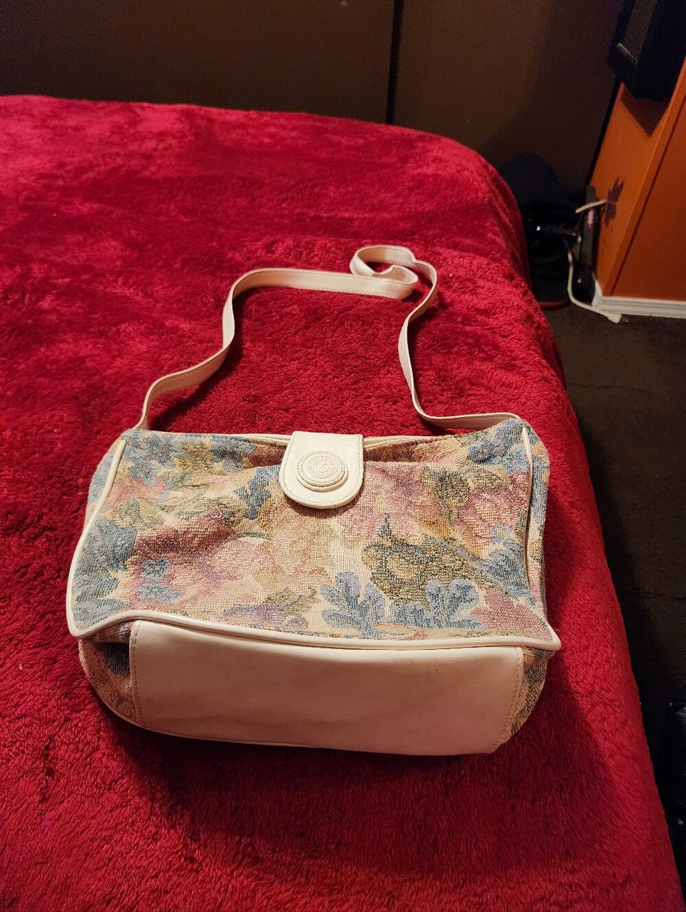 Mitzi blue green rose floral tapestry handbag with a boho vibe